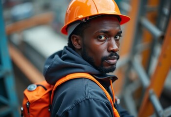 Black male worker with safety equipment in high-risk work at high altitude