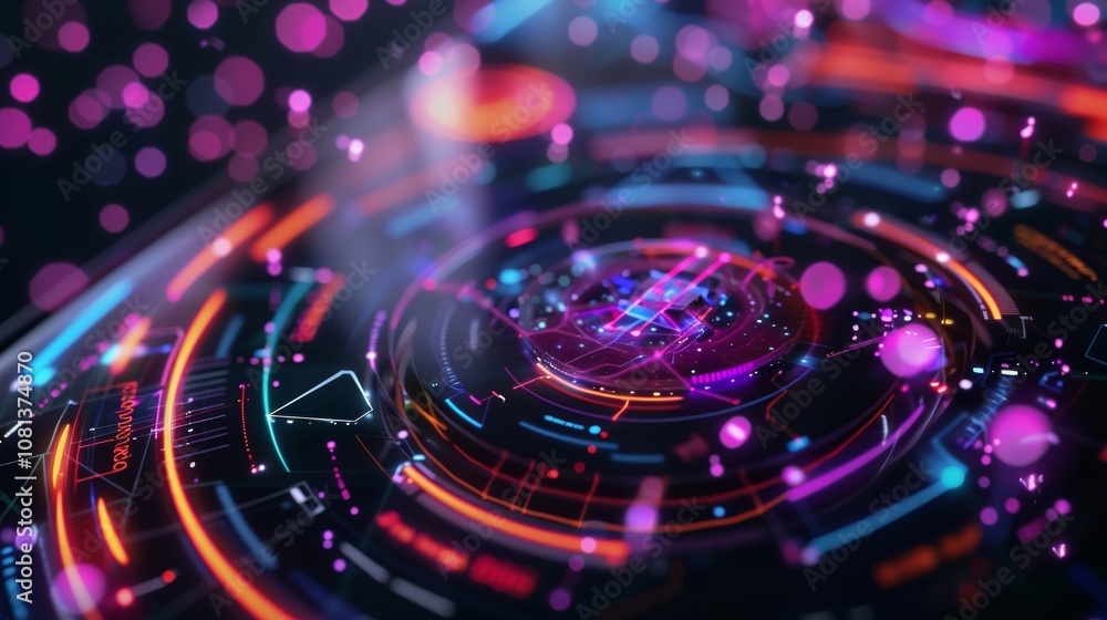 Poster futuristic hologram showing rotating circular interface with glowing lights and data processing, rep