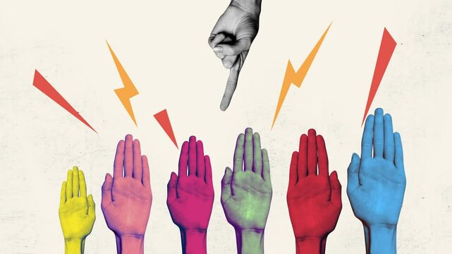 Contemporary poster motion trend collage video of hands show index finger choose candidate vacancy stop gesture 