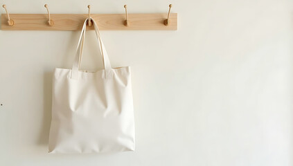 A natural fabric tote white bag hanging for mockup from a wooden wall hook, with a neutral background and soft lighting, creating a simple, eco-friendly look for showcasing brand designs