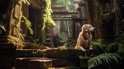 A curious golden retriever discovering ancient ruins in a dense jungle, with intricate carvings and overgrown vegetation creating a sense of mystery and wonder. 