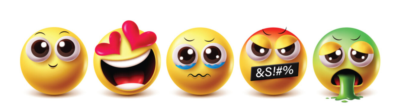 Vomit emoji vector characters set. Cute smile, in love, crying, angry and vomiting clipart emojis in white background. Vector illustration unwell emoji clip art collection set. 
