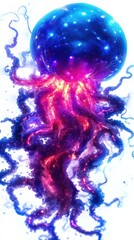 Obraz premium A vibrant, glowing jellyfish with illuminated tentacles, set against a light background, showcasing shades of blue, purple, and red.