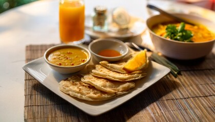 A Vibrant Spread of Fresh Roti Canai with Curry, Paired with Freshly Squeezed Juice and Garnishes, Captured in Soft Natural Light on a Minimalist Table Setting