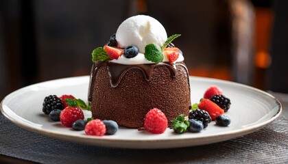 Elegant Dessert Presentation of Vegan Chocolate Cake With Fresh Berries and a Coconut Cream Topping, Served in a Fine Dining Restaurant for a Luxurious Sweet Treat