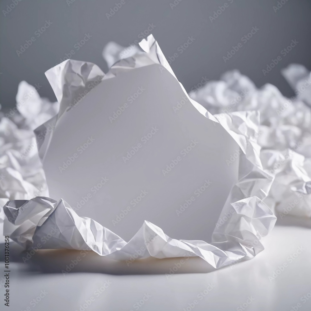 Poster the composition features crumpled white paper shapes arranged artistically against a simple backgrou