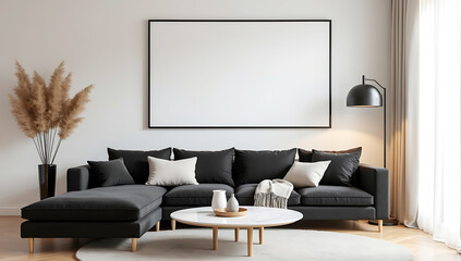 Minimalist living room, modern interior design, black sofa, wooden coffee table with marble top, large blank white canvas for mockup, black floor lamp