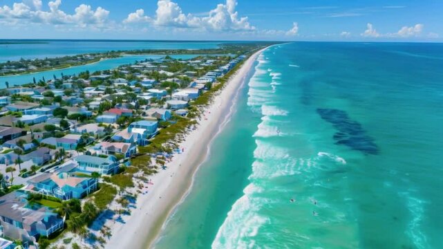 Aerial view of Anna Maria Island town and beaches, barrier island on Florida Gulf Coast. Manatee County. USA