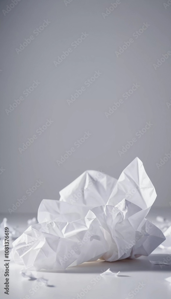 Poster the composition features crumpled white paper shapes arranged artistically against a simple backgrou