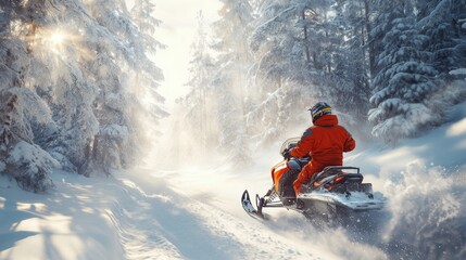 Snowmobile Through Winter Forest