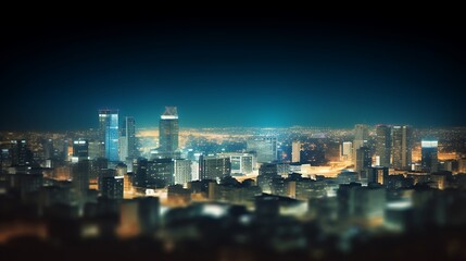 Nighttime cityscape with illuminated skyscrapers and a vast expanse of twinkling lights