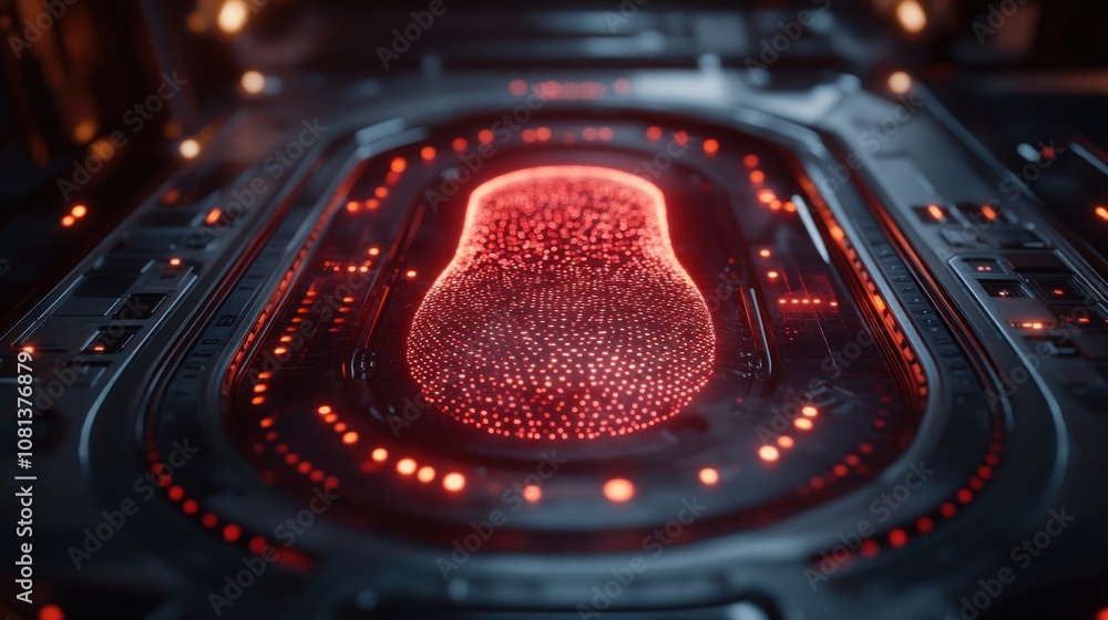 Aufkleber futuristic pod with glowing red patterns in a high-tech environment.