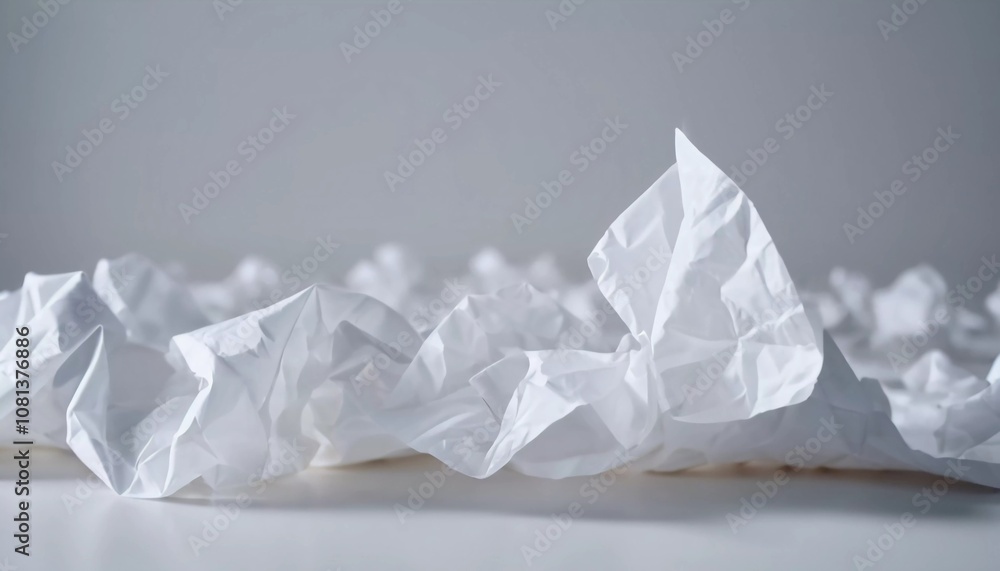 Poster the composition features crumpled white paper shapes arranged artistically against a simple backgrou