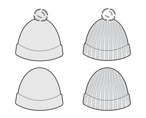 Set of Bobble Crochet Hat with pompom. Knitted Winter Head Fashion accessory cap clothing technical illustration. Vector headgear for Men, women, unisex style, flat template CAD mockup sketch outline