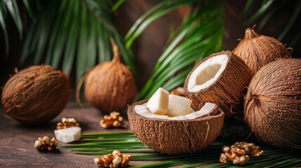Fresh Coconuts and Slices on Rustic Background