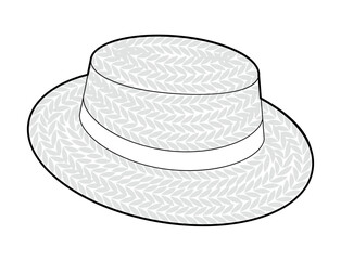 Boater Hat Canotier. Bolero Skimmer Head Straw Fashion accessory cap clothing technical illustration. Vector headgear for Men, women, unisex style, flat template CAD mockup sketch outline isolated