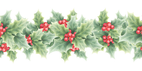 Christmas holly red berries and green leaves watercolor isolated illustration. Hand drawn seamless border for winter holiday season, New Year greeting cards template and festive floral banners.