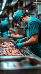 Worker at a meat processing plant, conveyor