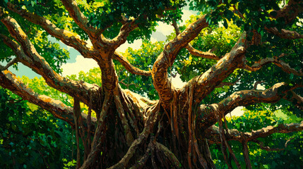 Fototapeta premium Lush green tree canopy with sunlight filtering through the leaves.