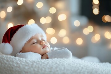 A baby peacefully sleeping while wearing a Santa hat, set against a backdrop of glowing holiday lights, emitting a warm and tranquil holiday feeling.