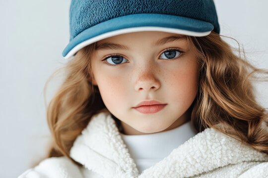 A young girl poses with a modern winter hat and faux fur jacket, exuding a sense of fashionable elegance in the cozy embrace of warm winter wear.
