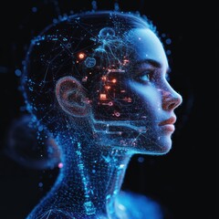 Obraz premium A digital representation of a woman's head with glowing lights and lines.