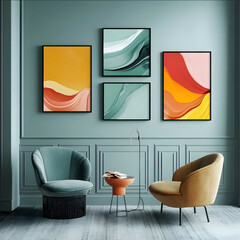 four posters on a light blue wall