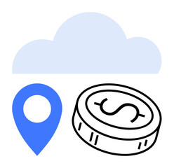 Cloud with a blue location pin and a coin with a dollar sign. Ideal for digital finance, technology services, online transactions, global connectivity, cloud storage, e-commerce, and fintech. Line
