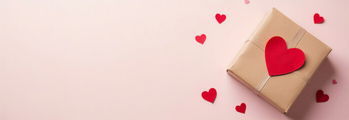 Fototapeta na wymiar A beautifully wrapped gift box decorated with a heart on pink background, Valentine's Day banner