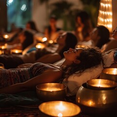 Group sound bath session with people lying down, surrounded by singing bowls, soft lighting, creating a healing ambiance