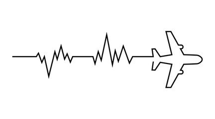 Continuous one line drawing of airplane path with heart beat graph. black line art.