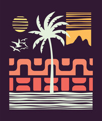 Graphic style drawing of a coconut tree silhouette at sunset.