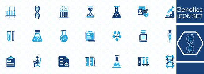 Genetics icon set. Containing DNA, gene, chromosomes, heredity, genome, genetic, biology, GMO and more. Vector solid icons collection.