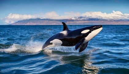 Obraz premium The orca, otherwise called the executioner whale or killer whale, (Orcinus orca), leaping from ocean water with splashes, 