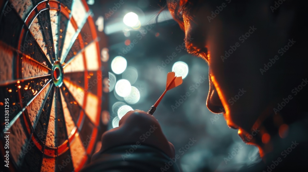 Poster a person aims a dart at a dartboard with a focused expression, with a bokeh background.
