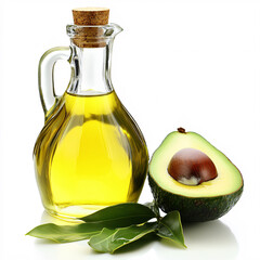A glass bottle of olive oil next to a halved avocado, showcasing the fruit's creamy texture and vibrant green color.