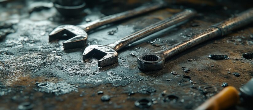 Close-up of mechanic's tools covered in grease, wrenches, sockets, and a ratchet lying on a metal workbench 