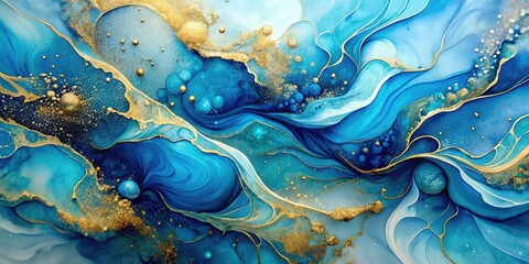 Fluid art showcases mesmerizing blue alcohol ink combined with sparkling gold glitter, creating a stunning bokeh effect that captivates the senses and enchants the viewer.