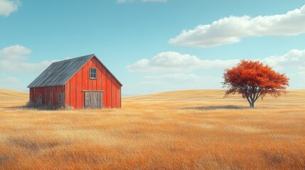 Obraz premium A serene landscape featuring a red barn and a solitary tree.