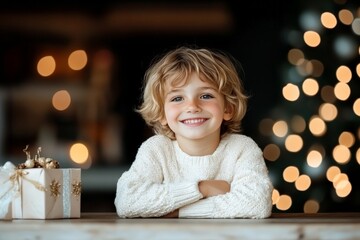 A cheerful young boy with curly hair, wearing a white sweater, sits with crossed arms at a table, basking in the glow of warm holiday bokeh lights in the background.
