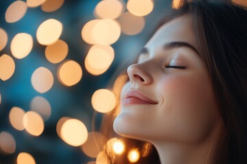 A serene woman with closed eyes enjoys the peaceful ambiance of warm, glowing holiday lights, embodying tranquility and a sense of calm during the festive season.