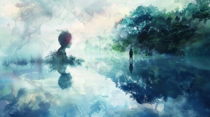 A person gazes into a pond their reflection appearing to transform into a creature from another world blurring the lines between reality and fantasy.