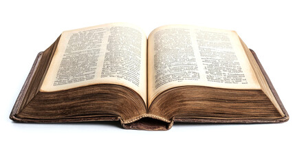 Obraz premium Open antique book with aged pages isolated on white background.