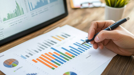 Financial Analyst Reviewing Financial Projections Office Digital Report Professional Environment Close-Up View Data Insights