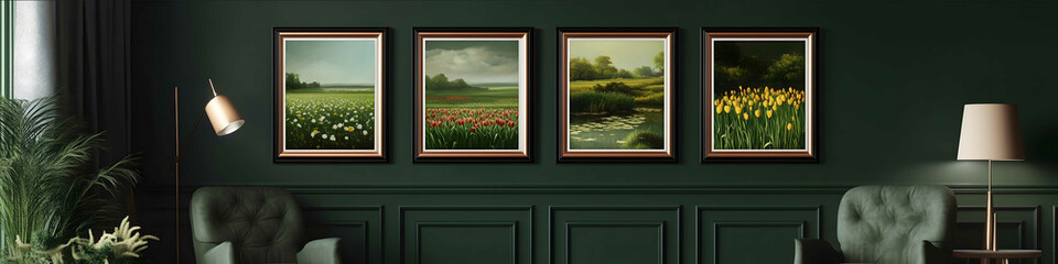 Create a mockup of four framed size A0 Vertical art prints featuring the English Country Garden South African Fynbos Dutch Tulip Fields and Indian Lotus Pond oil painti