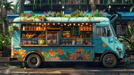 Fototapeta premium A blue food truck with a floral design, decorated with plants and flowers, is parked on a street. The truck is selling fruit, juice, and other drinks.