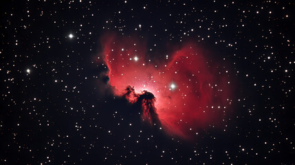 Red nebula in a night sky portrayed as a grainy film photo, adding a vintage and mysterious quality to the cosmic scene. Nebula. Illustration