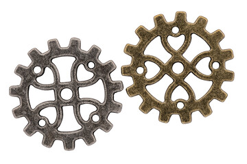 Two cogwheels in different color. This industrial element seems like inspired by steampunk machine part. Isolated on white background. Cut out.