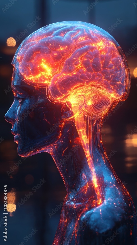Poster a glowing, abstract representation of a brain within a translucent figure.