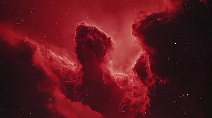 Red nebula in a night sky portrayed as a grainy film photo, adding a vintage and mysterious quality to the cosmic scene. Nebula. Illustration